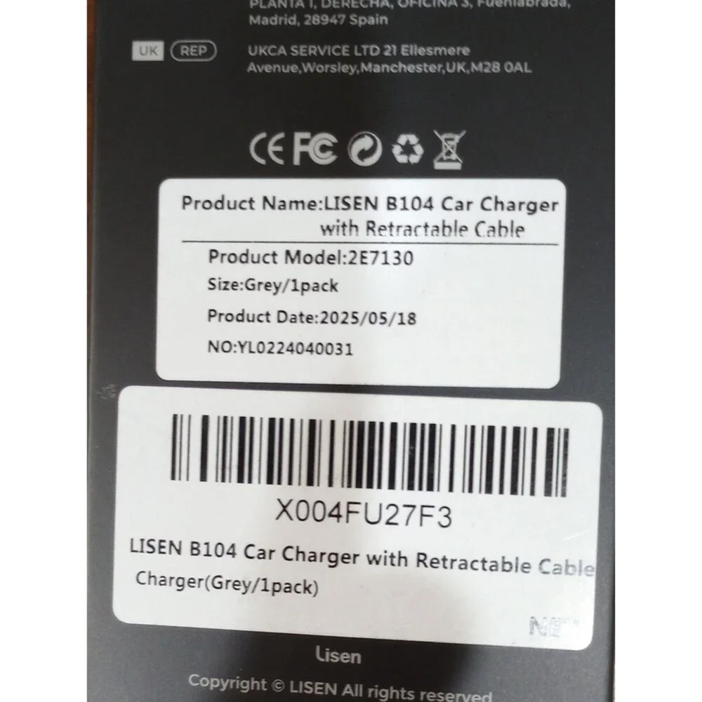 Lisen B104 Car Charger With Retractable Cables - NIB!